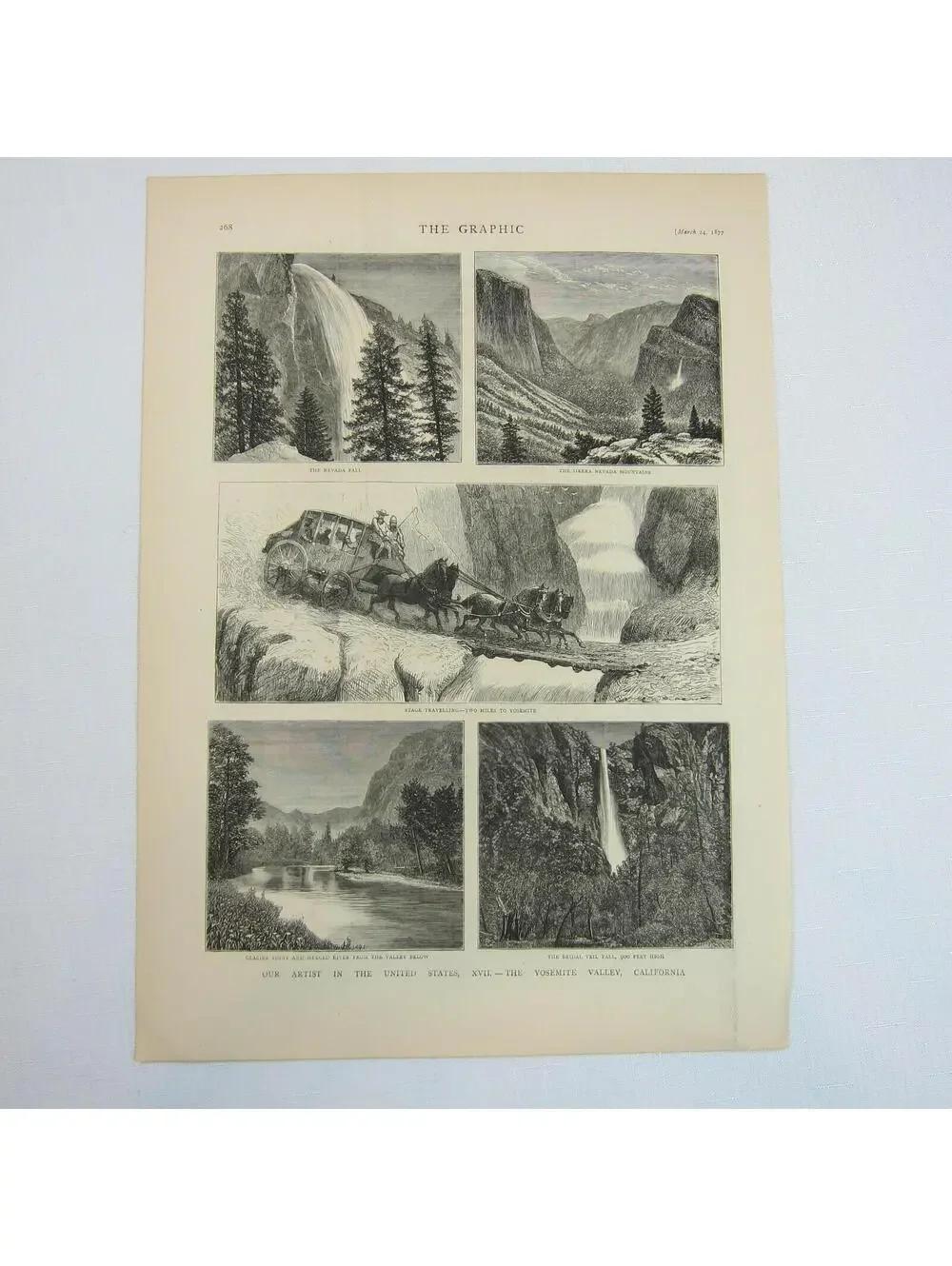 Antique 1877 Print Yosemite Valley California Nevada Fall Sierra, The Graphic